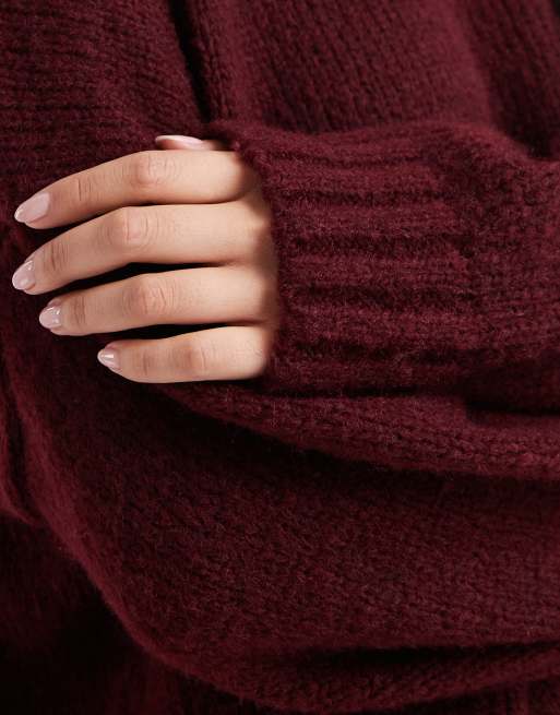 ASOS DESIGN oversized crew neck sweater with curved hem in burgundy
