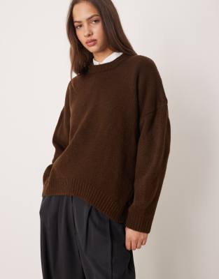 Asos Design Oversized Crew Neck Sweater With Curved Hem In Brown
