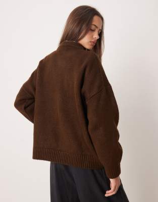 Asos Design Oversized Crew Neck Sweater With Curved Hem In Brown