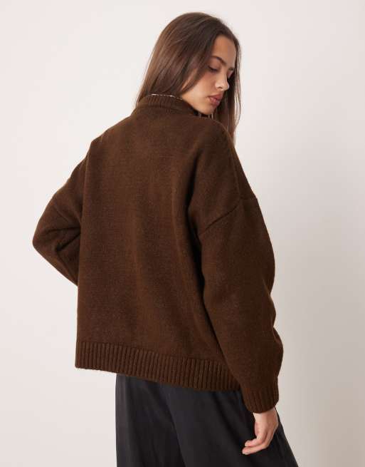 ASOS DESIGN oversized crew neck sweater with curved hem in chocolate