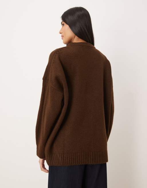 ASOS DESIGN oversized crew neck sweater with curved hem in chocolate