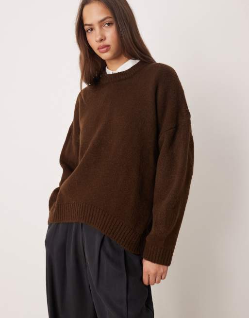 ASOS DESIGN oversized crew neck sweater with curved hem in chocolate