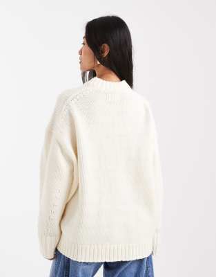 Asos Design Oversized Crew Neck Sweater With Curved Hem In White