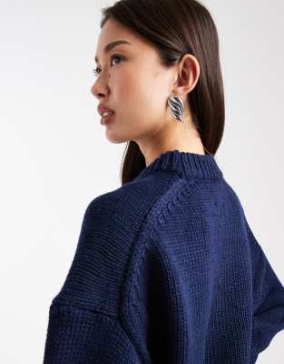 Asos Design Oversized Crew Neck Sweater With Curved Hem In Blue