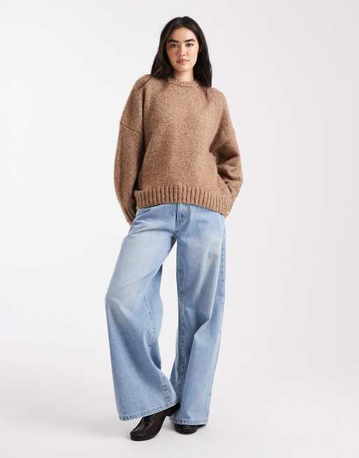 ASOS DESIGN oversized crew neck sweater with curved hem in biscuit