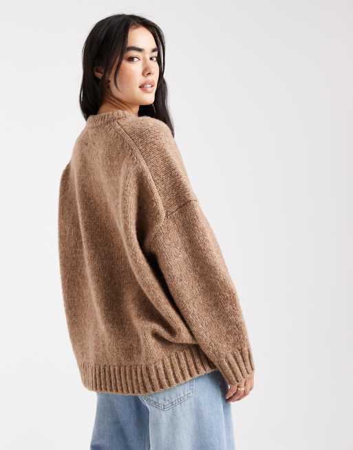 ASOS DESIGN oversized crew neck sweater with curved hem in biscuit