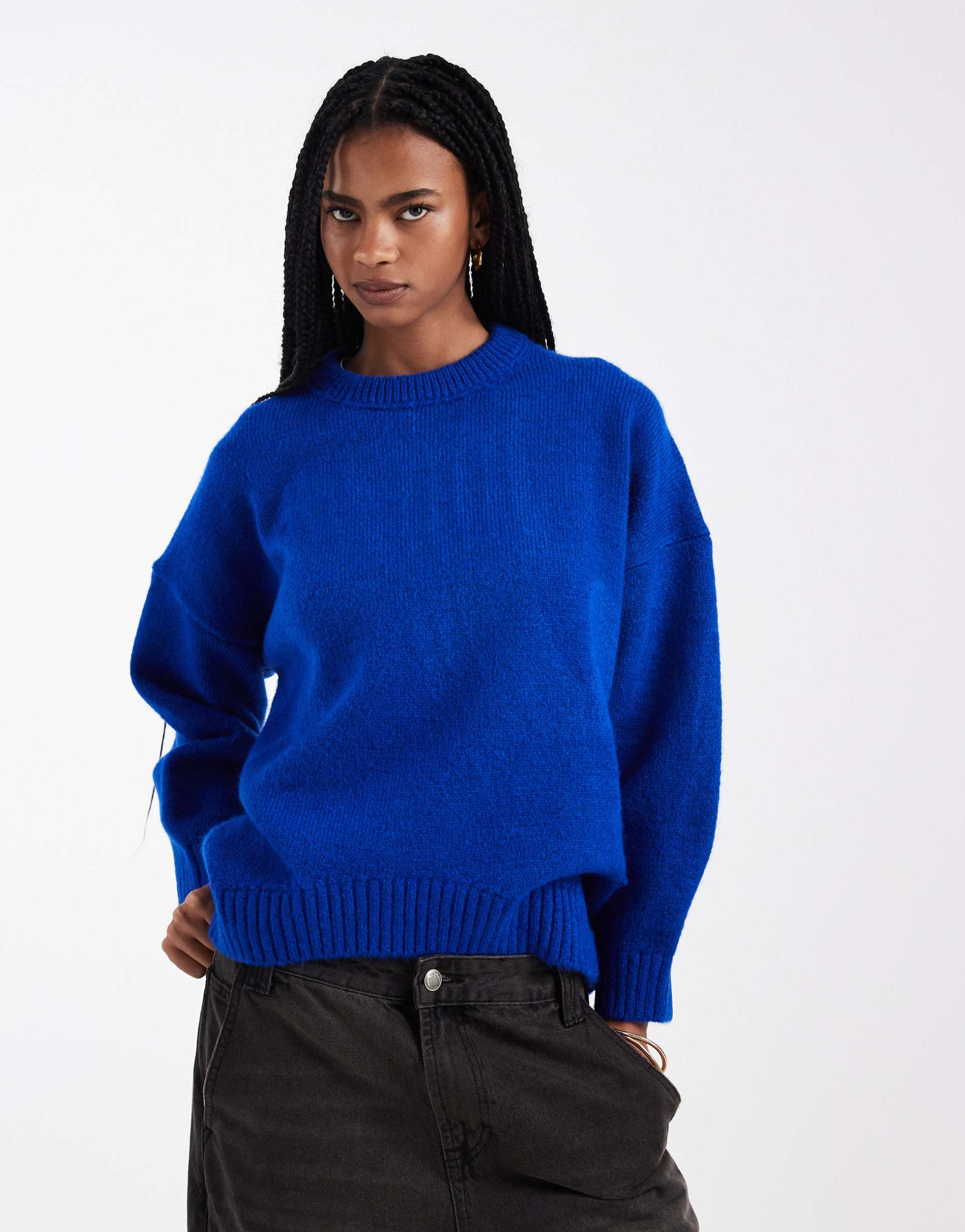 asos design oversized crew neck sweater with curved hem in dark blue