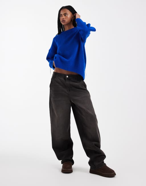 ASOS DESIGN oversized crew neck sweater with curved hem in dark