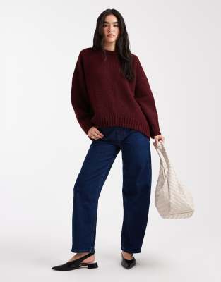 Asos Design Oversized Crew Neck Sweater With Curved Hem In Red