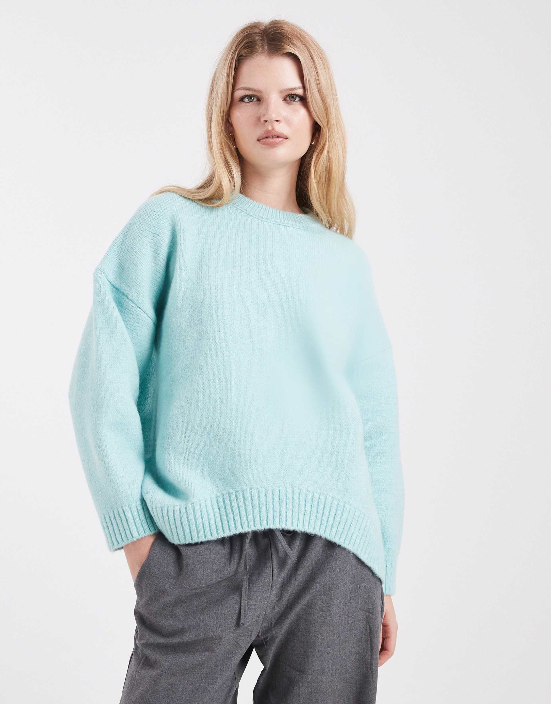 asos design oversized crew neck sweater with curved hem in duck egg blue