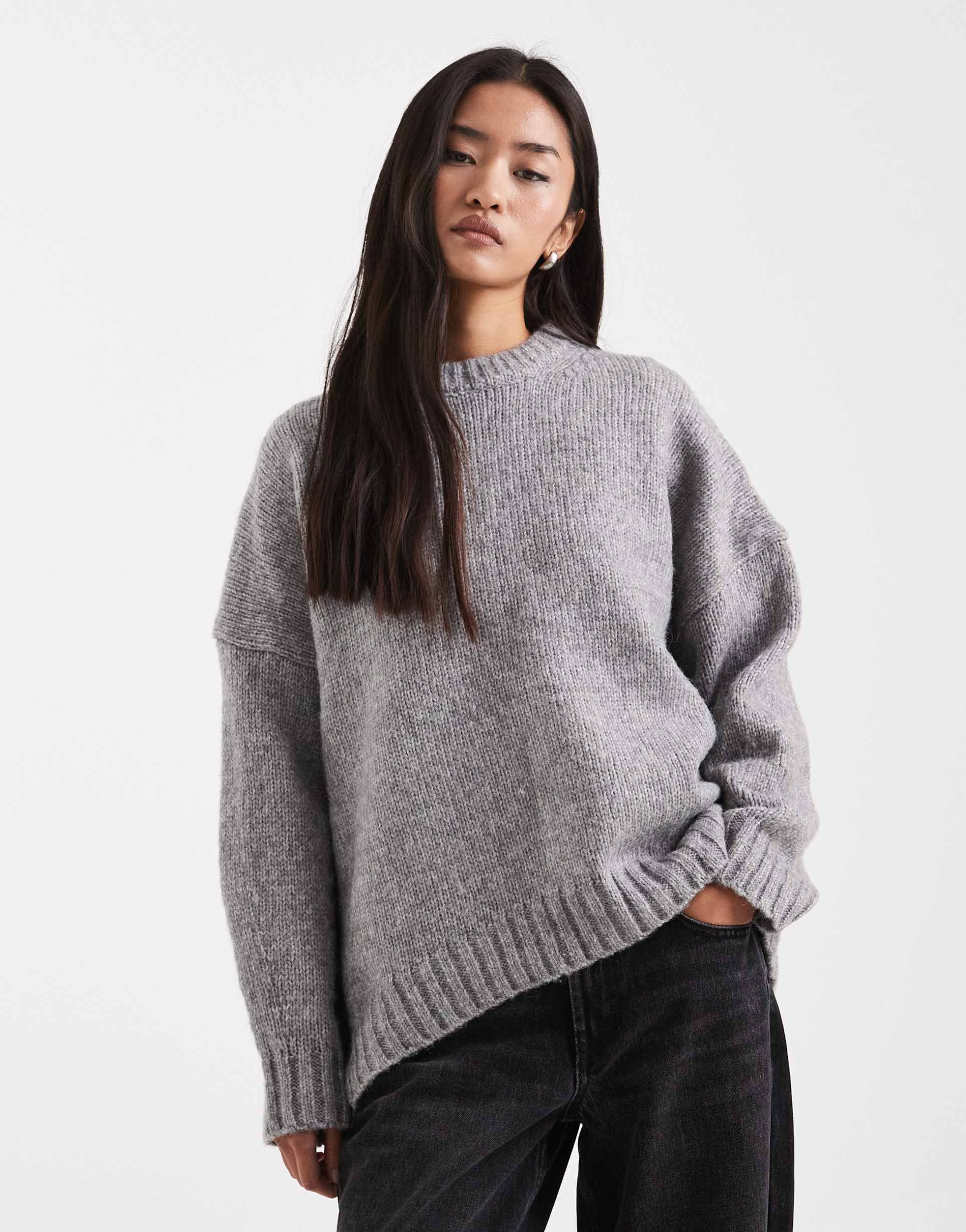 asos design oversized crew neck sweater with curved hem in gray