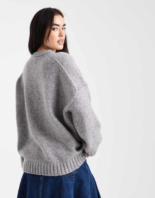 ASOS DESIGN oversized crew neck sweater with curved hem in gray