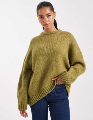 Asos Design Oversized Crew Neck Sweater With Curved Hem In Green