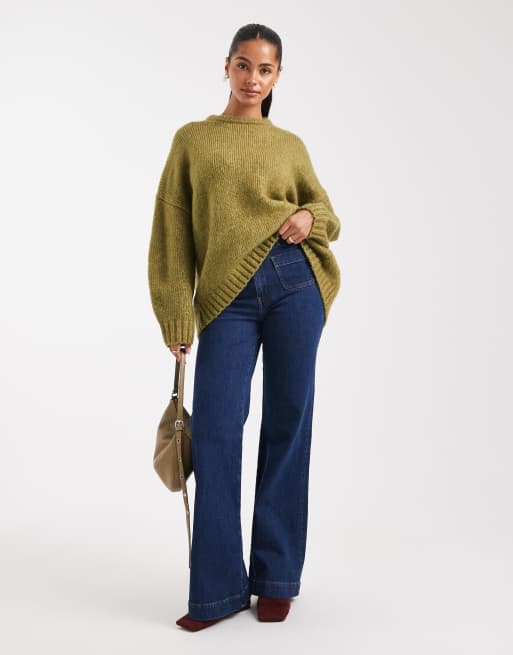 ASOS DESIGN oversized crew neck sweater with curved hem in olive
