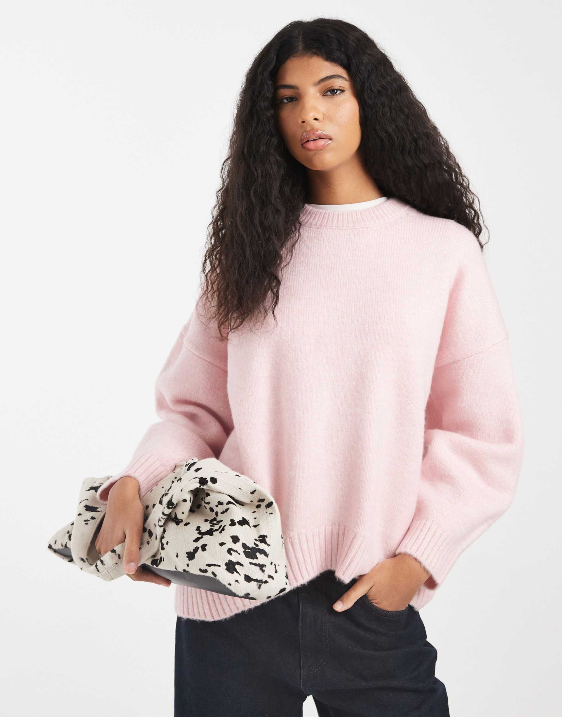asos design oversized crew neck sweater with curved hem in pale lilac