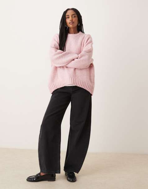ASOS DESIGN oversized crew neck sweater with curved hem in pink - view 1