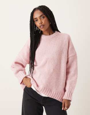 Asos Design Chunky Sweater With Crew Neck In Textured Stitch In Pink In Pink
