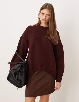 Asos Design Oversized Crew Neck Sweater With Curved Hem In Burgundy