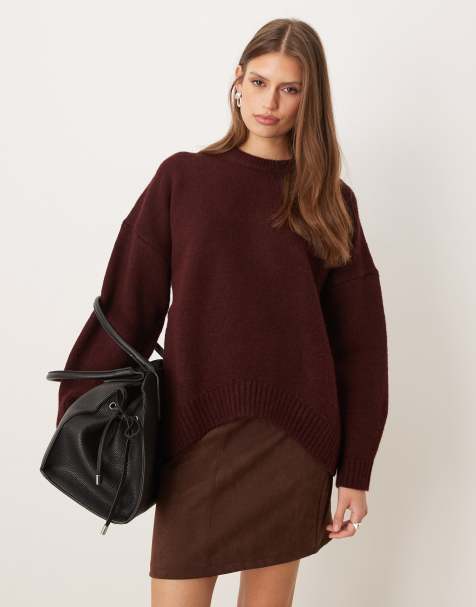 ASOS DESIGN oversized crew neck sweater with curved hem in plum - view 1
