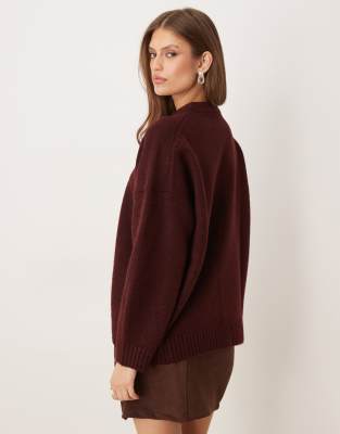 Asos Design Oversized Crew Neck Sweater With Curved Hem In Burgundy