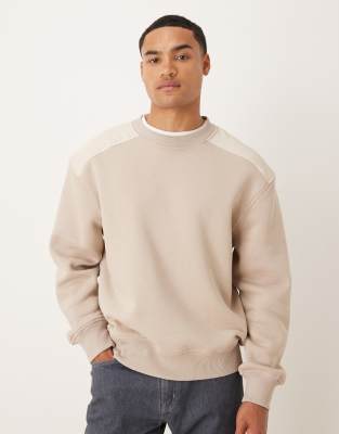 Asos Design Oversized Crew Neck Sweater With Panel Detailing In Neutral