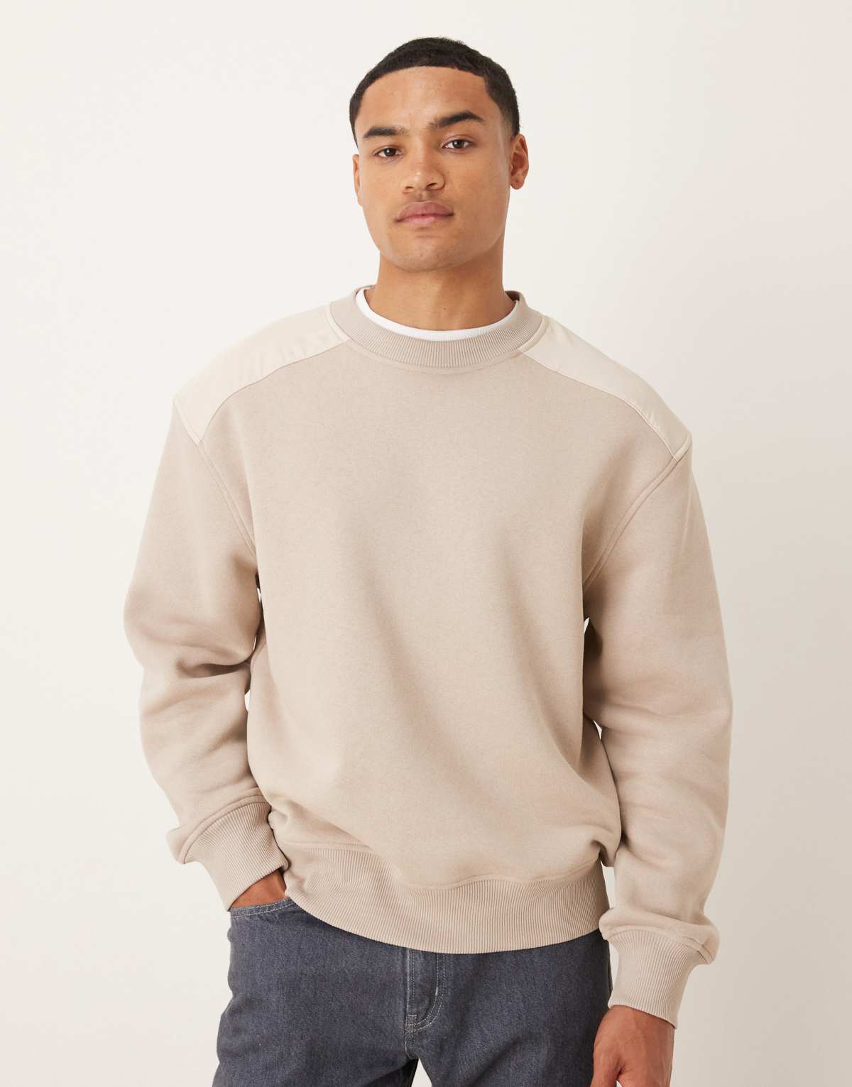 ASOS DESIGN oversized crew neck sweater with panel detailing in beige