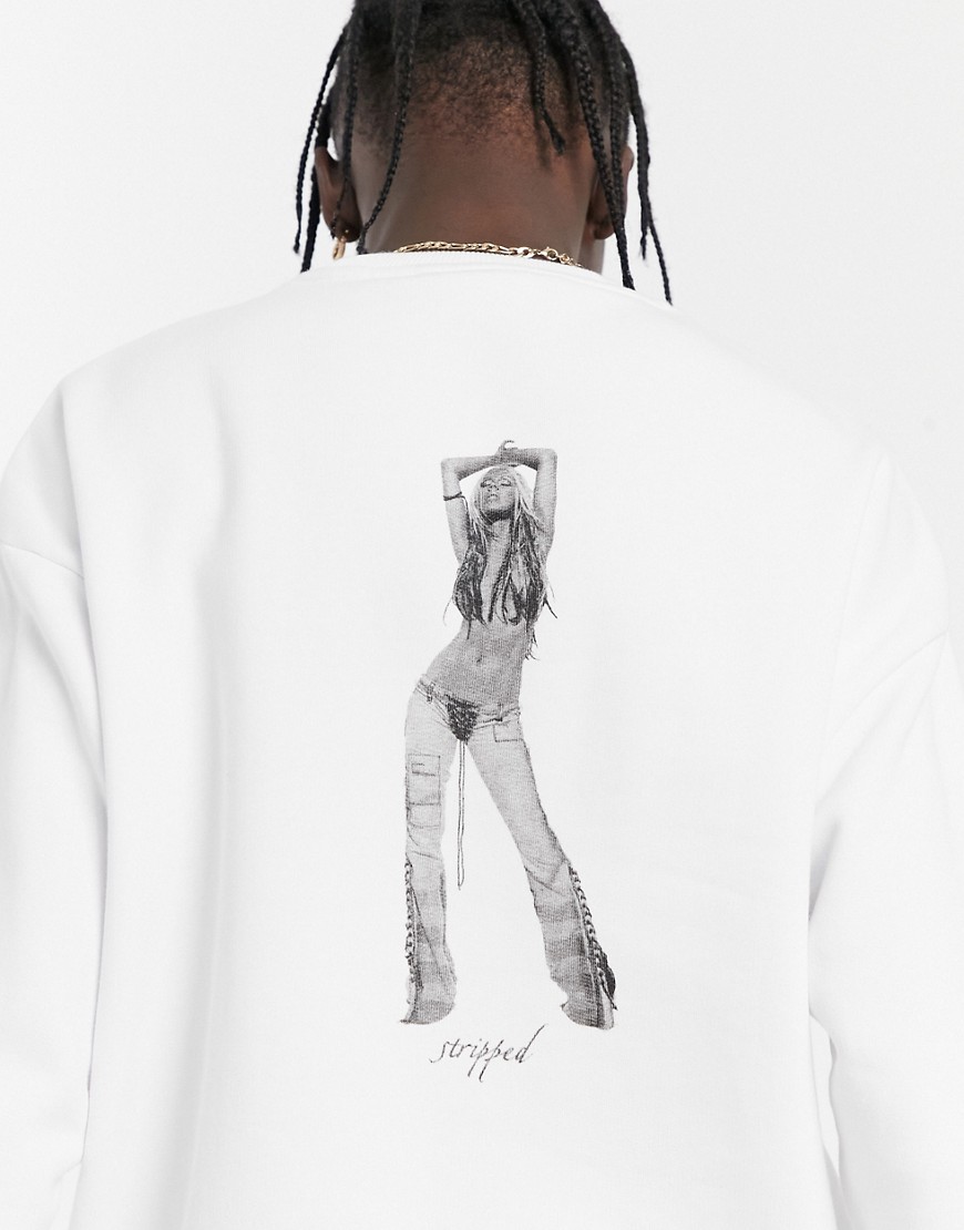 ASOS DESIGN oversized crew neck sweatshirt with Christina Aguilera print-White