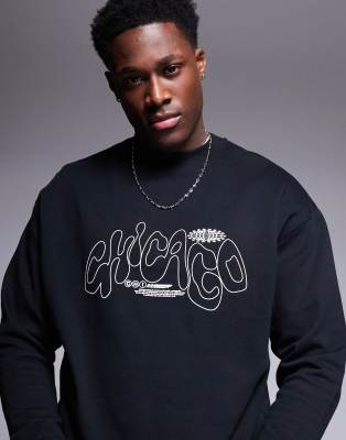 Asos Design Oversized Crew Sweatshirt With City Print In Black