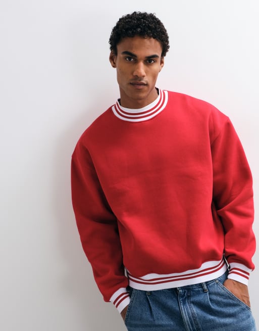 ASOS DESIGN oversized crew sweatshirt with contrast ribs and tipping in red, 2 of 5