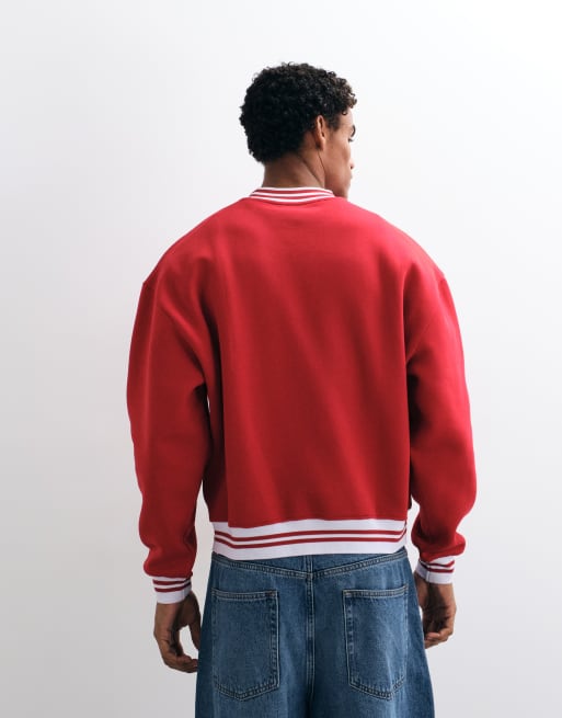 ASOS DESIGN oversized crew sweatshirt with contrast ribs and tipping in red, 3 of 5