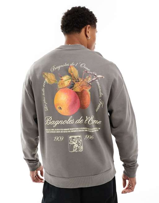 ASOS DESIGN oversized crew sweatshirt with fruit print in gray