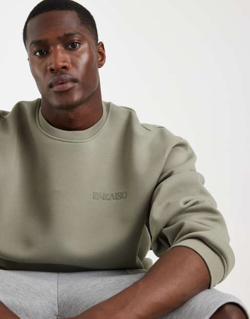 ASOS DESIGN oversized crew sweatshirt with print in khaki scuba-style fabric, 2 of 5