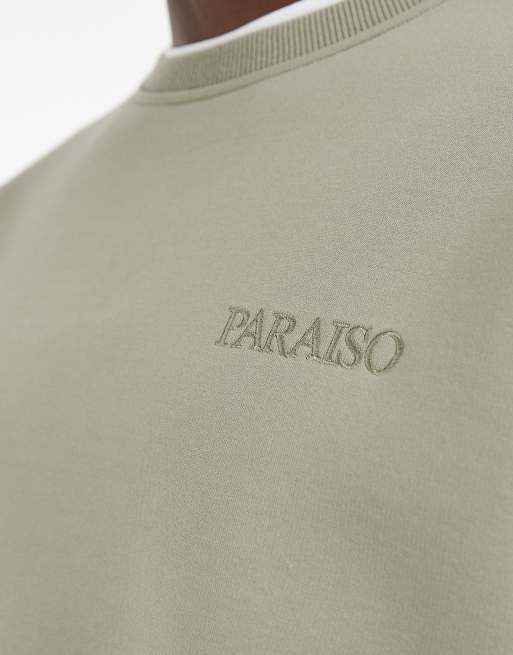 ASOS DESIGN oversized crew sweatshirt with print in khaki scuba-style fabric, 4 of 5