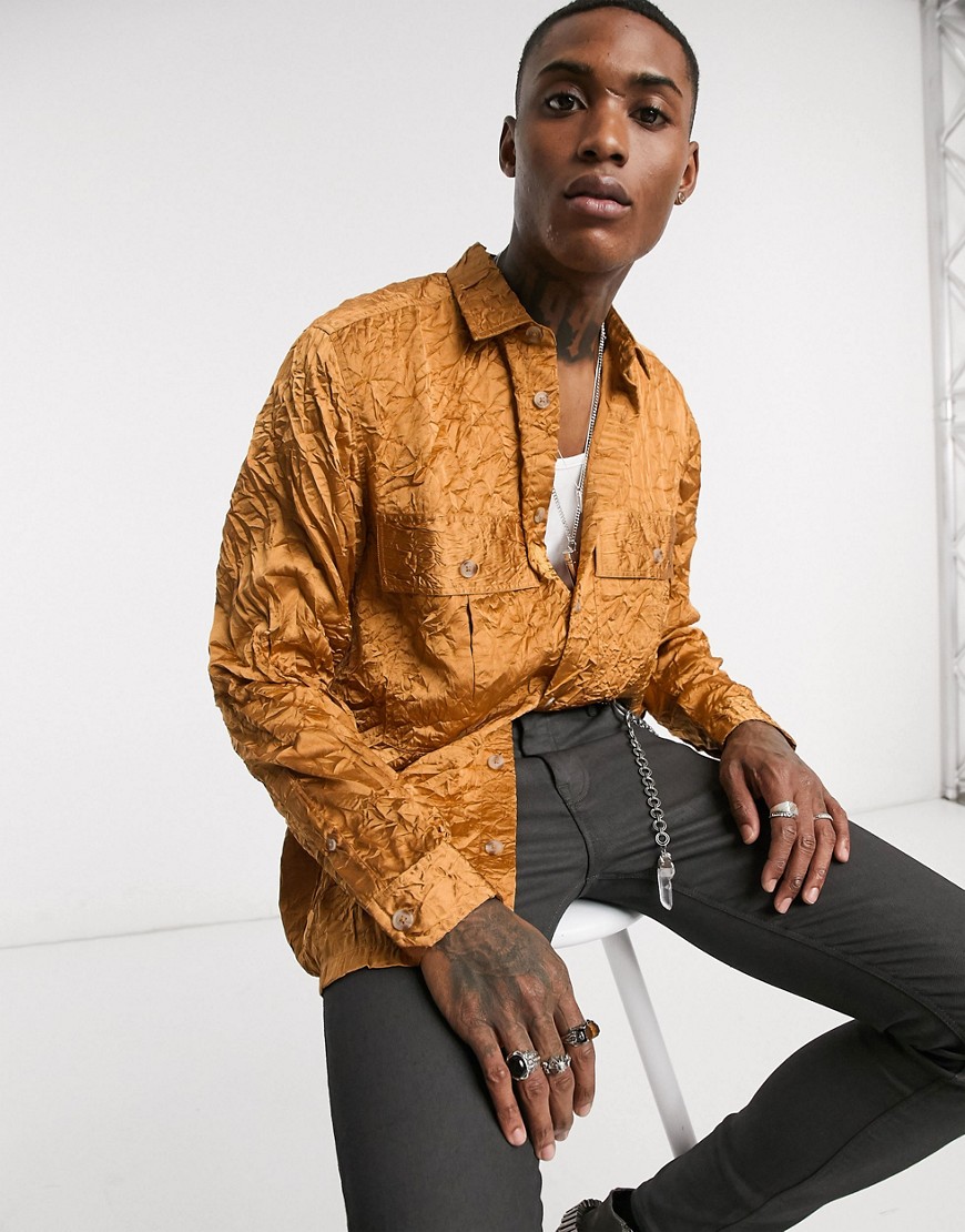 ASOS DESIGN oversized crinkle satin shirt with double pockets in burnt orange-Gold