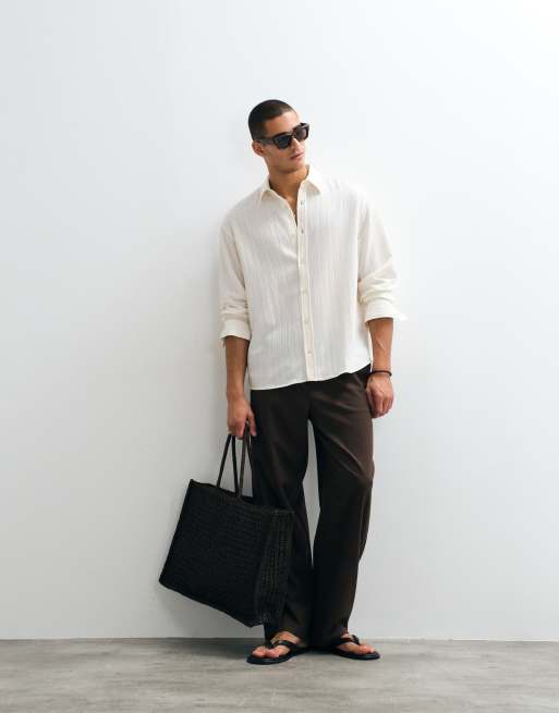 ASOS DESIGN oversized crinkle textured shirt in ecru, 2 of 5