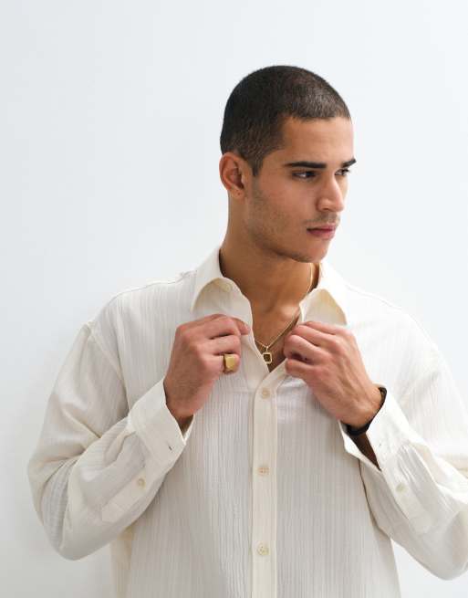 ASOS DESIGN oversized crinkle textured shirt in ecru, 3 of 5