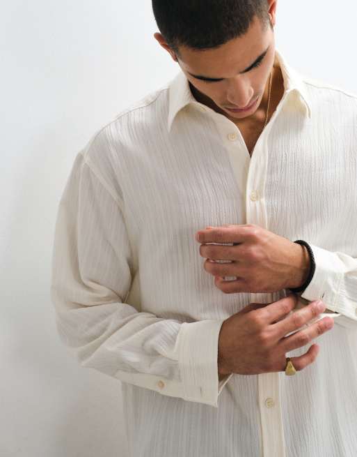 ASOS DESIGN oversized crinkle textured shirt in ecru, 5 of 5