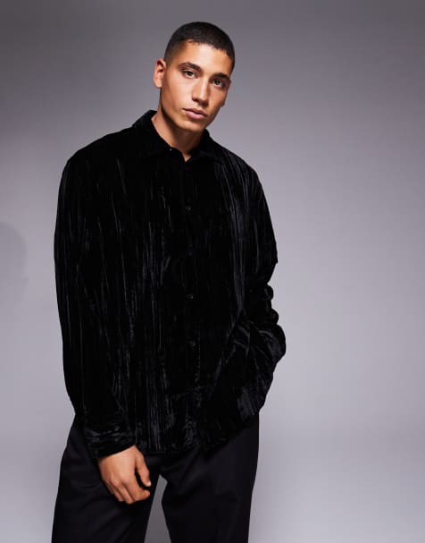ASOS DESIGN oversized crinkle velvet shirt in black