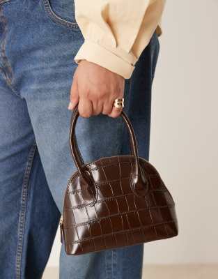Asos Design Oversized Croc Grab Bowler Bag With Detachable Crossbody Strap In Brown
