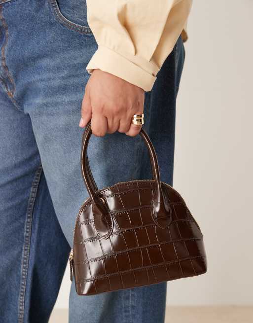 ASOS DESIGN oversized croc grab bowler bag with detachable crossbody strap in chocolate