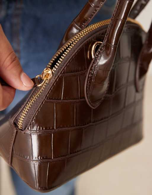 ASOS DESIGN oversized croc grab bowler bag with detachable crossbody strap in chocolate