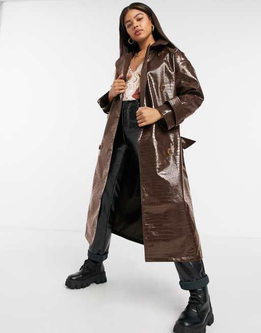 ASOS DESIGN oversized croc vinyl trench coat in brown