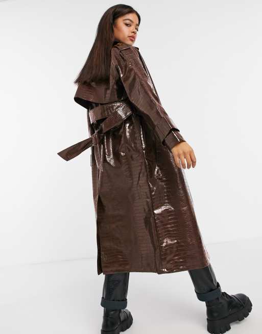 Faux Leather Croc Print Oversized Trench Coat