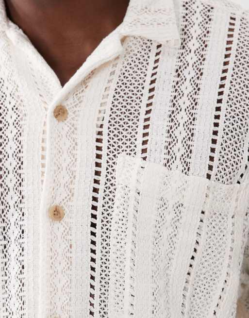 ASOS DESIGN oversized crochet camp collar shirt in beige, 3 of 5