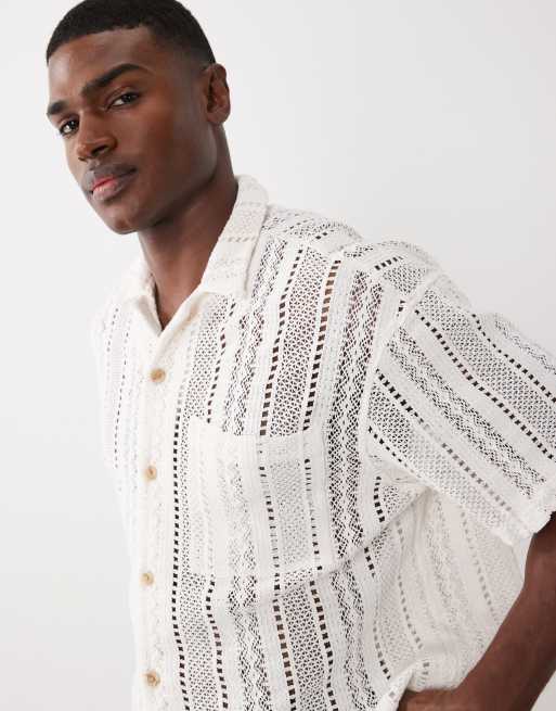 ASOS DESIGN oversized crochet camp collar shirt in beige, 4 of 5