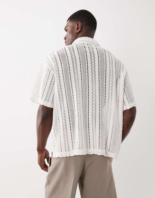 ASOS DESIGN oversized crochet camp collar shirt in beige, 5 of 5