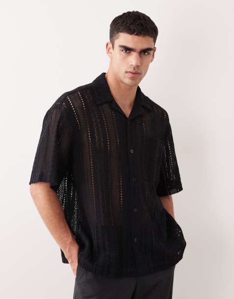 ASOS DESIGN oversized crochet camp collar shirt in black - view 1