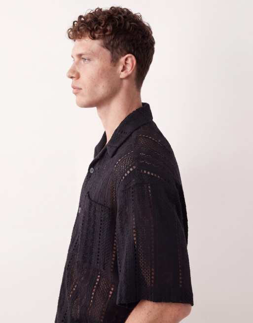 ASOS DESIGN oversized crochet camp collar shirt in black, 4 of 5
