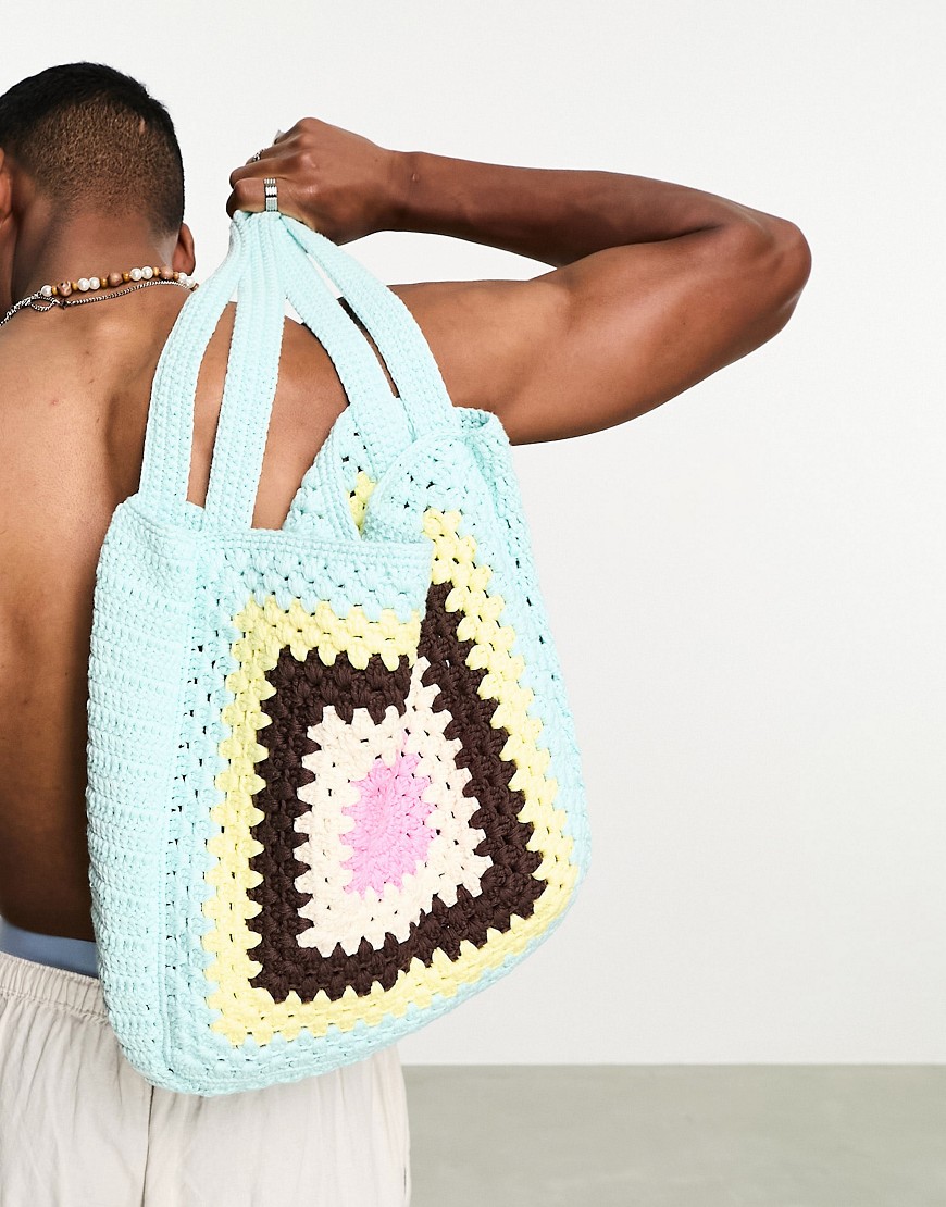 ASOS DESIGN oversized crochet cross body tote bag in blue