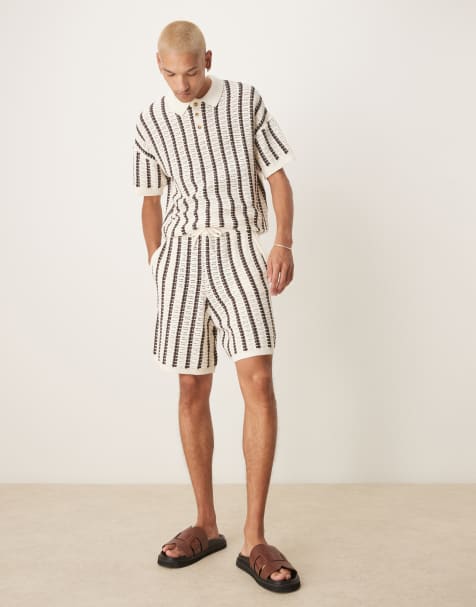 ASOS DESIGN  oversized crochet knitted shorts co-ord with stripe pattern in brown and ecru - view 1